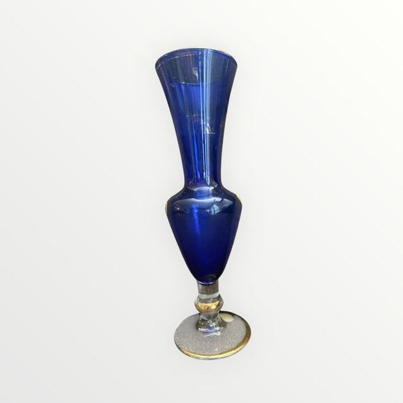 Bohemian Vintage Art Glass Cobalt Blue Hand Painted Enamel Flowers Gilded Vase - Picture 4 of 8